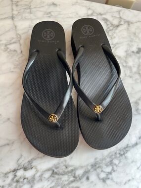 Tory Burch Black Flip Flop Sandals with Gold Logo